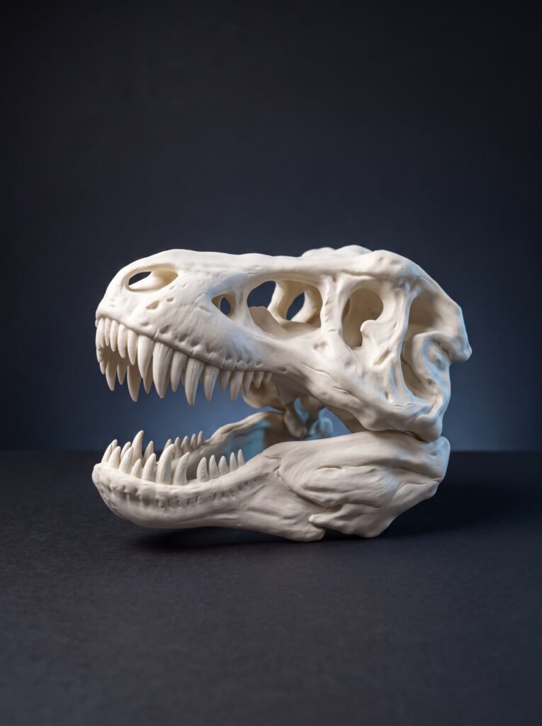 White 3D-printed Tyrannosaurus rex skull replica