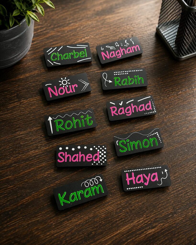 Personalized colored name badges in assorted designs