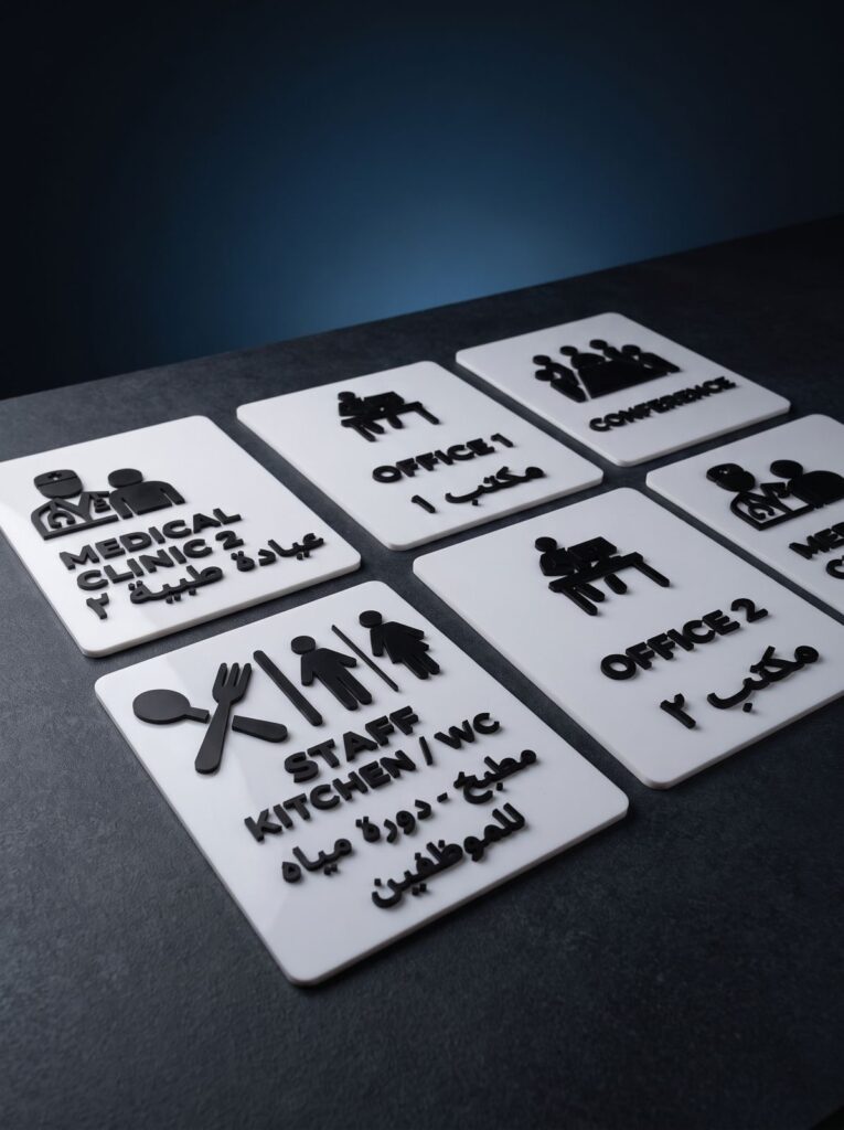 Bilingual office, clinic and staff-area signs with black pictograms.
