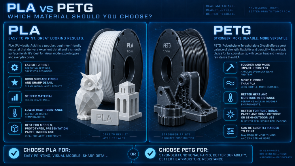 Custom explanatory illustration for 3D Printing in Lebanon: PLA vs PETG — Which Material Should You Choose?