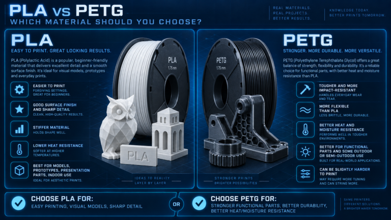 Custom explanatory illustration for 3D Printing in Lebanon: PLA vs PETG — Which Material Should You Choose?