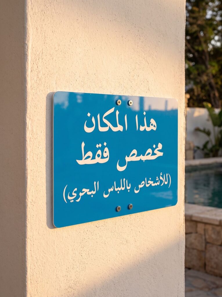 Blue Arabic swimming-area notice mounted on an outdoor wall.