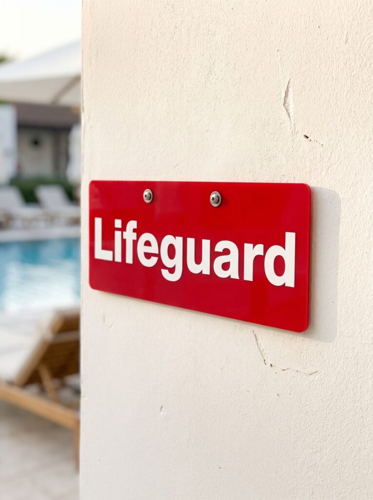 Red Lifeguard sign mounted beside a swimming pool.