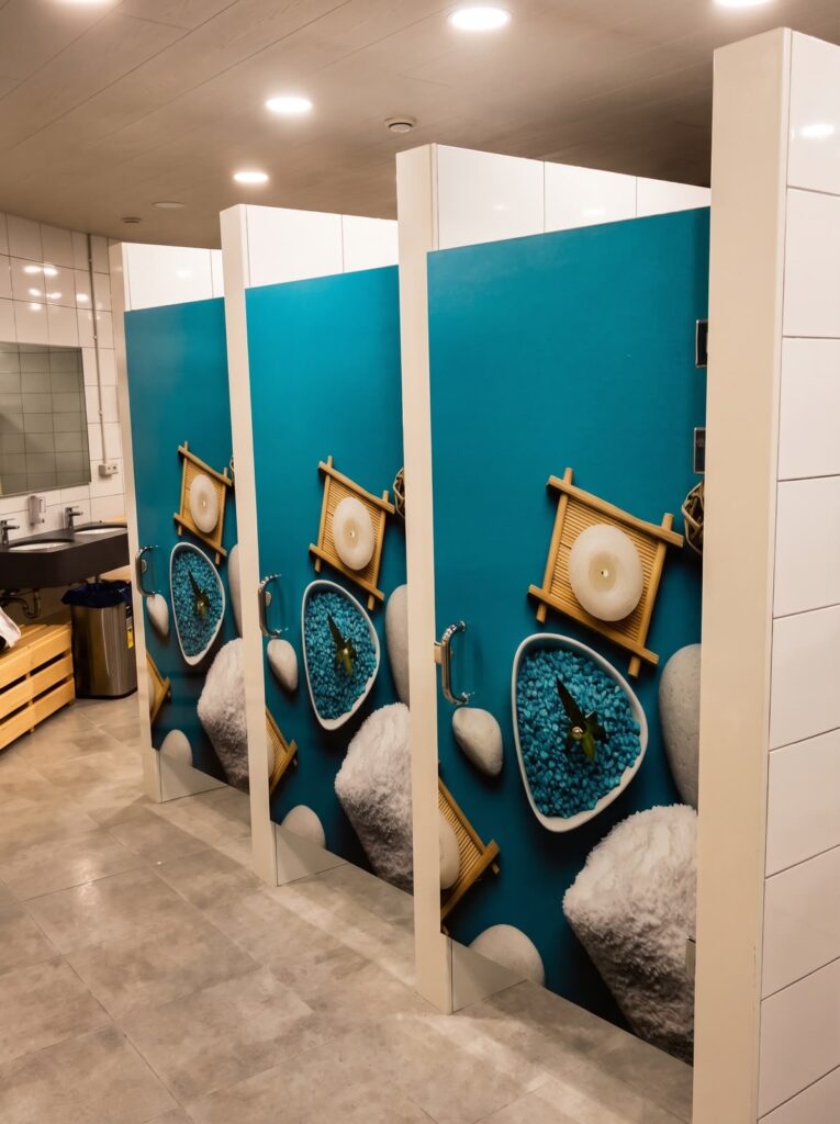 Custom bathroom vinyl decals produced for a gym by SHARK.