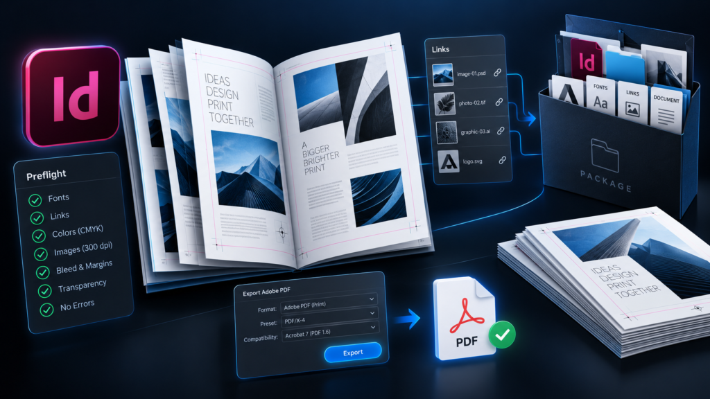 Custom explanatory illustration for Prepare InDesign Files for SHARK: Preflight, PDF & Package