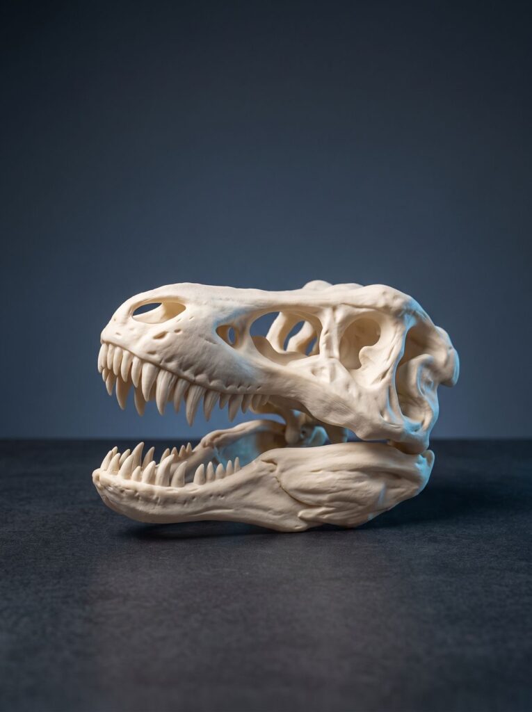Tyrannosaurus rex skull replica with detailed teeth and bone openings.