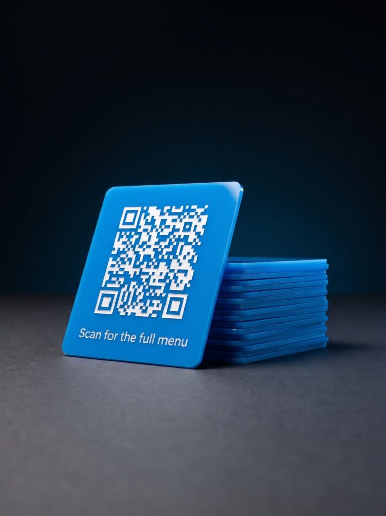 Engraved QR display stand produced by SHARK