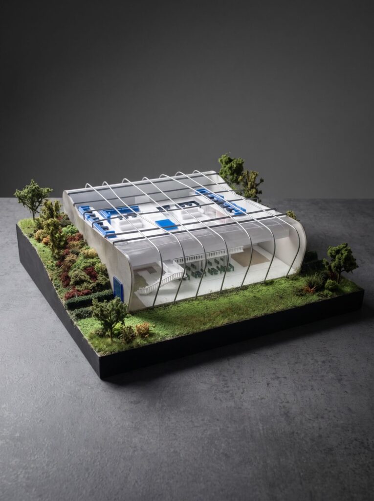 Curved-roof building scale model with structural framing and trees.