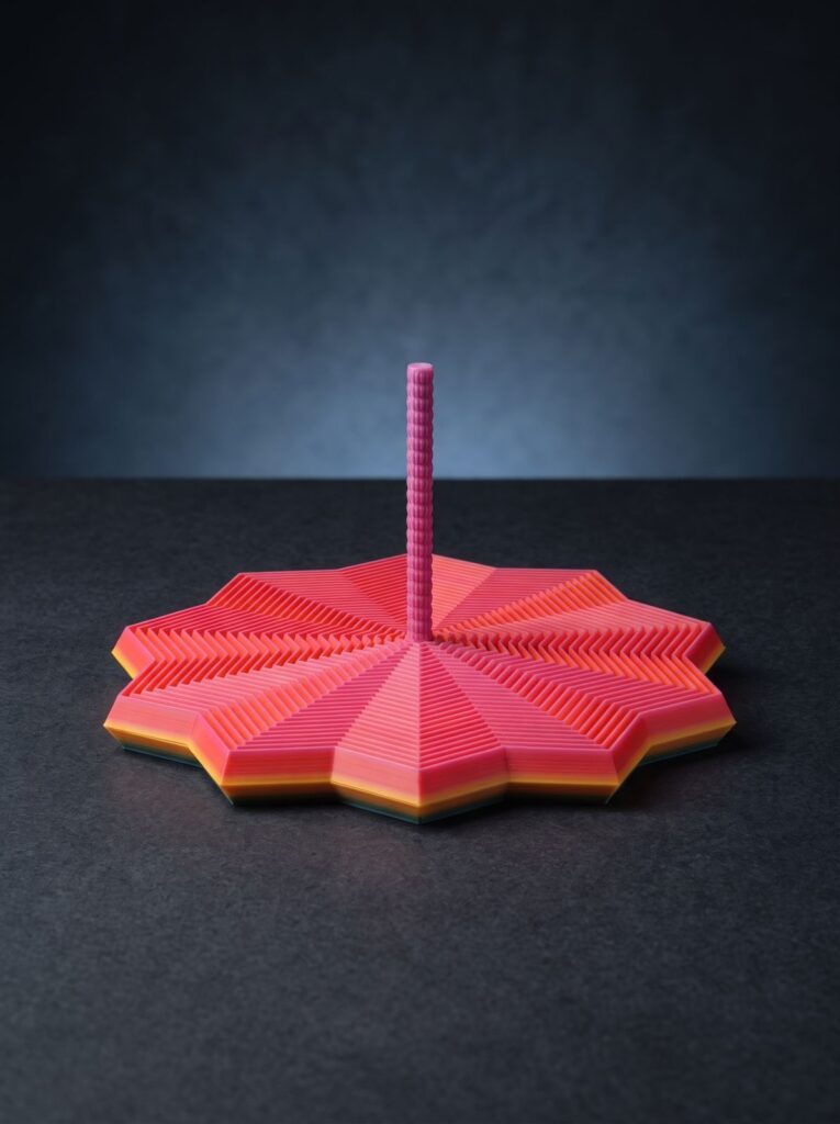 Red and yellow 3D-printed prototype with a radial base and upright rod.