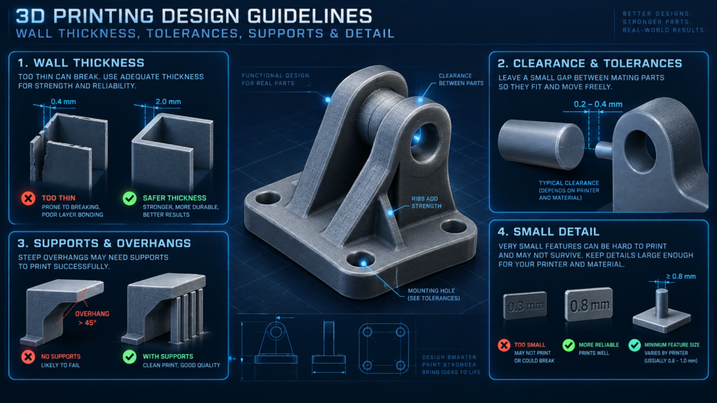 Custom explanatory illustration for 3D Printing Design Guidelines: Walls, Fits, Supports & Detail