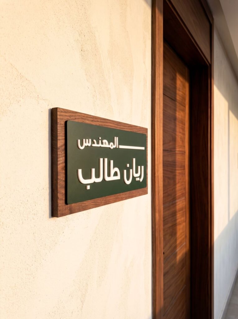 Wood-framed Arabic engineer name plaque installed beside a doorway.