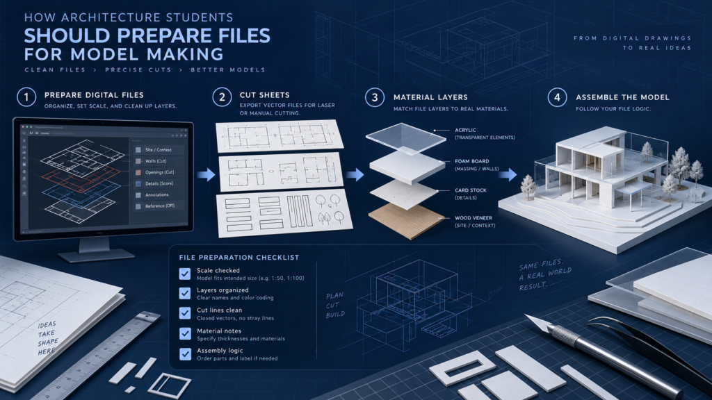 Custom explanatory illustration for How Architecture Students Can Prepare Files for Model Making