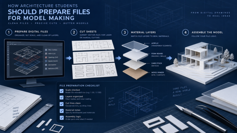 Custom explanatory illustration for How Architecture Students Can Prepare Files for Model Making
