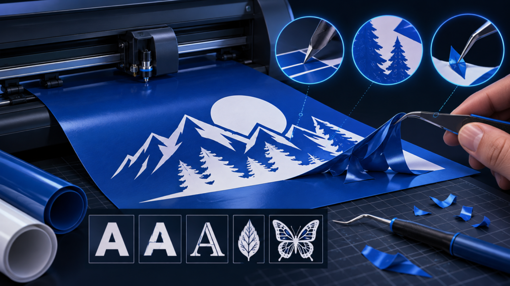 Custom explanatory illustration for Vinyl Cutting Tips: Clean Vectors, Fine Details & Weeding