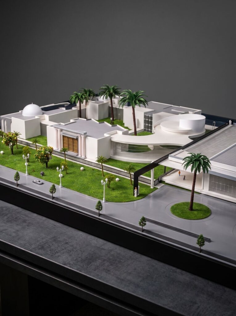 Landscaped villa scale model with palm trees and boundary walls.
