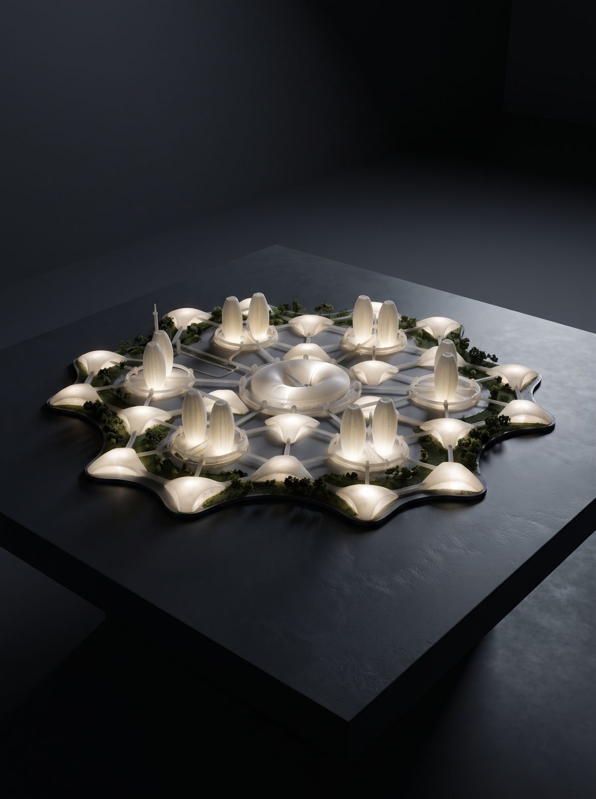 Architectural concept model with illuminated organic white forms produced by SHARK