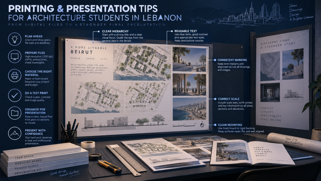 Custom explanatory illustration for Printing & Presentation Tips for Architecture Students in Lebanon