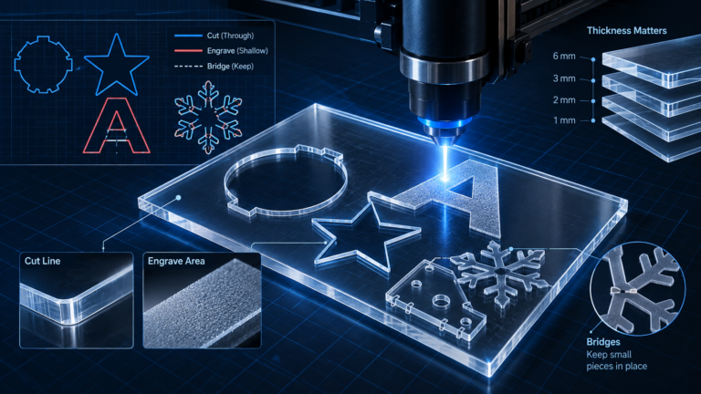 Custom explanatory illustration for Laser Cutting Acrylic: Thickness, Design & File Preparation