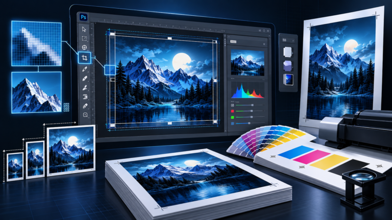 Custom explanatory illustration for Prepare Photoshop Files for Print: Size, Resolution & Colour