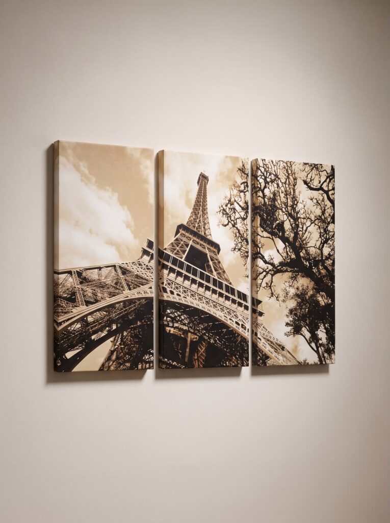 Three-panel Eiffel Tower canvas installation produced by SHARK