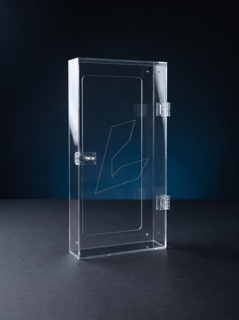 Second view of a custom clear plexiglass display box fabricated by SHARK.