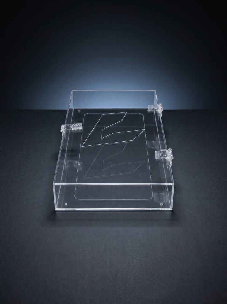 Custom clear plexiglass display box fabricated by SHARK.