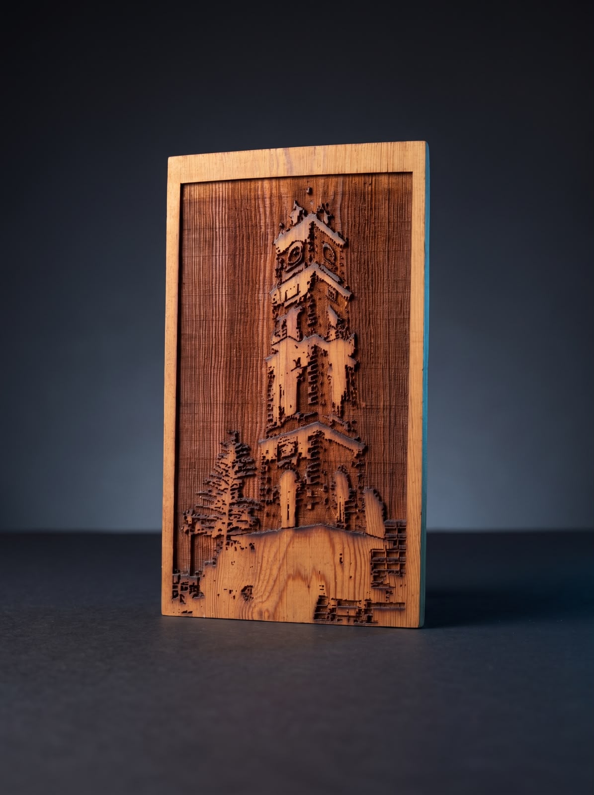 Laser-engraved wooden Tripoli Clock Tower artwork by SHARK