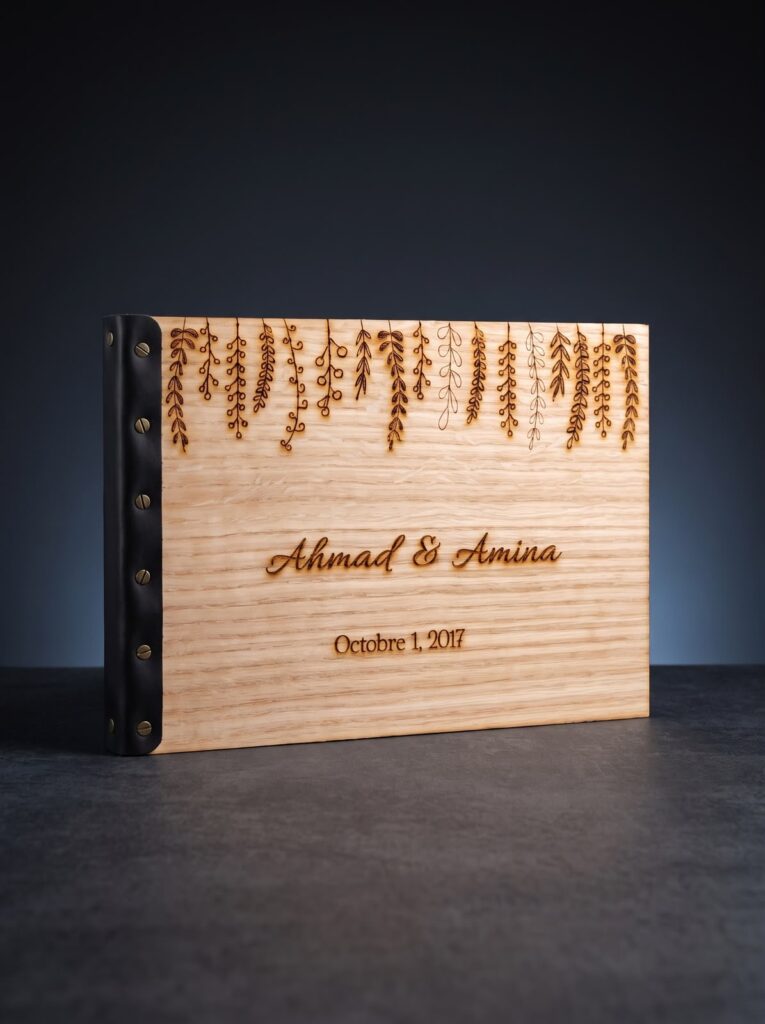 Custom wooden book cover laser engraved by SHARK.