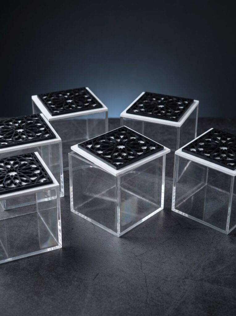Clear acrylic display boxes produced by SHARK using laser-cut acrylic components