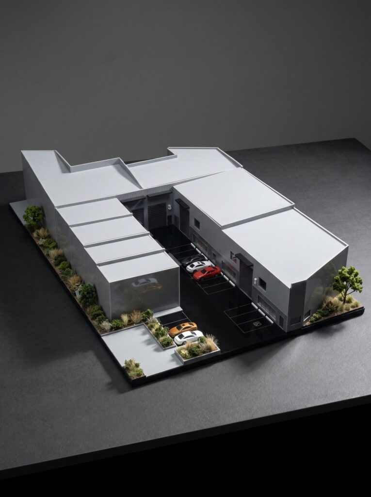 Architectural model of angular buildings around a central parking area.