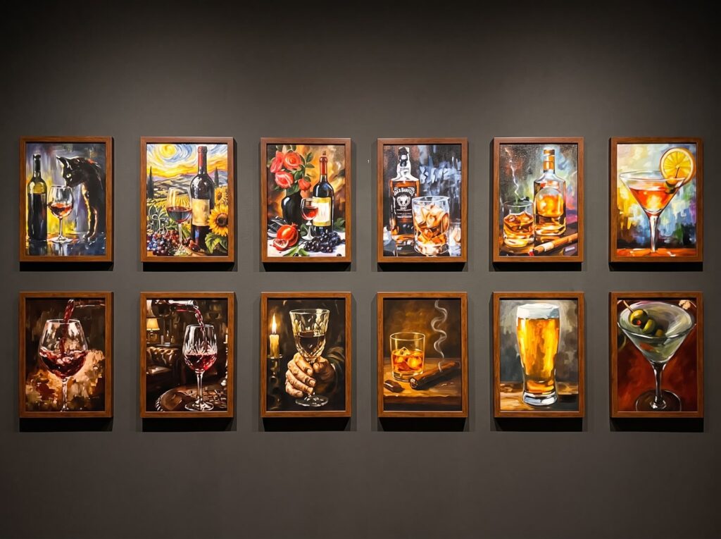 Twelve framed drink-themed art prints arranged in two rows.