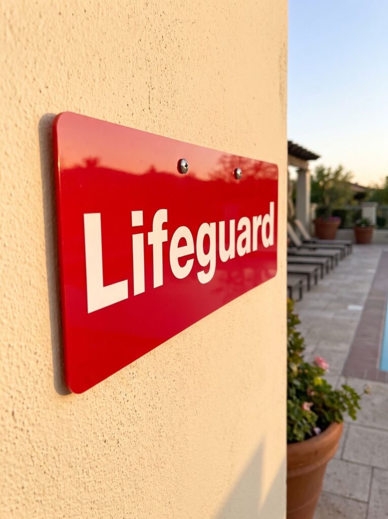 Angled view of a red Lifeguard sign beside poolside seating.