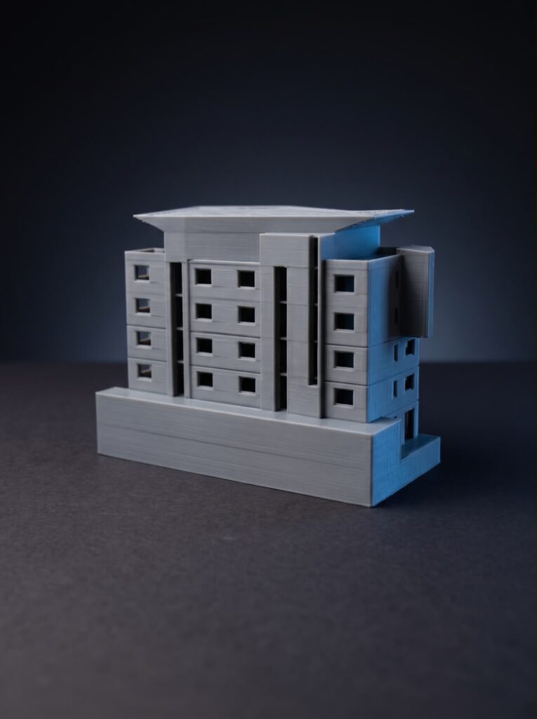Gray 3D-printed building model