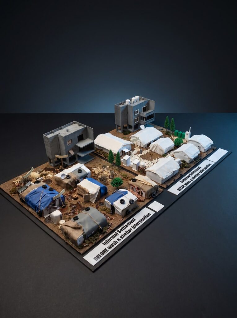 Scale model showing refugee shelters before and after renovation in Lebanon, produced by SHARK for an NGO presentation.