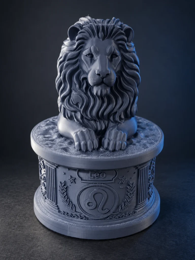 Dark blue-gray 3D-printed Leo lion with its ornate zodiac pedestal, produced by SHARK.