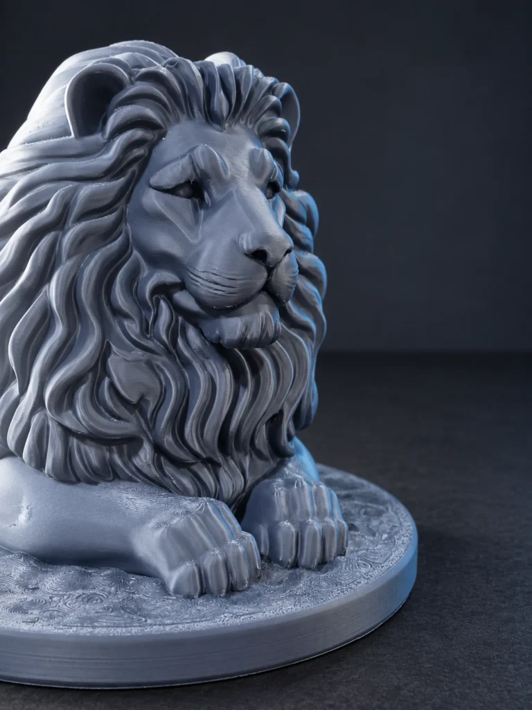 3D-Printed Lion — Studio Detail View showing the printed mane, paws and circular base, produced by SHARK.