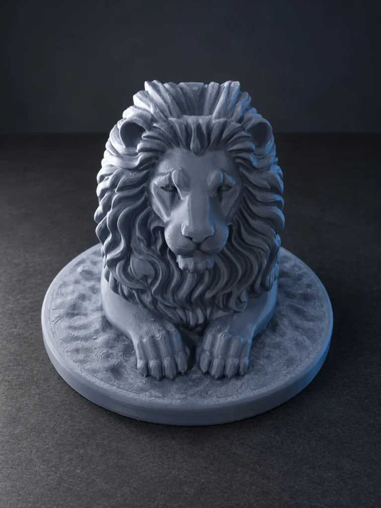 3D-Printed Lion — Elevated Studio View showing the printed mane, paws and circular base, produced by SHARK.